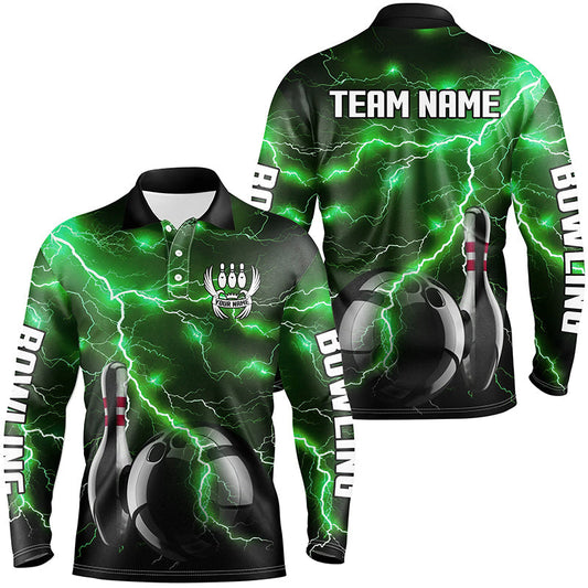Green Lightning Thunder Black Bowling Polo, Quarter zip Shirt for men custom storm bowling team jersey NQS8457