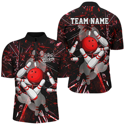 Red Camo Bowling Polo, Quarter zip Shirt For Men custom bowling team jerseys, bowling league shirts NQS8463