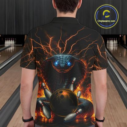 Personalized Orange Flame Thunder Lightning Cobra Snake Bowling Shirt For Men, Bowling Team Jerseys NQS10641