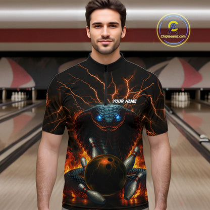 Personalized Orange Flame Thunder Lightning Cobra Snake Bowling Shirt For Men, Bowling Team Jerseys NQS10641