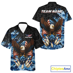 Black and Blue Camo American Flag Eagle Bowling Hawaiian Shirt Custom Patriotic Team Bowling Jersey NQS10644