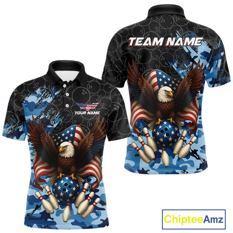 Black and Blue Camo American Flag Eagle Bowling Shirts For Men Custom Patriotic Team Bowling Jersey NQS10644