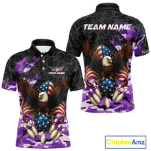 Load image into Gallery viewer, Black and Purple Camo American Flag Eagle Bowling Shirts For Men Custom Patriotic Team Bowling Jersey NQS10645