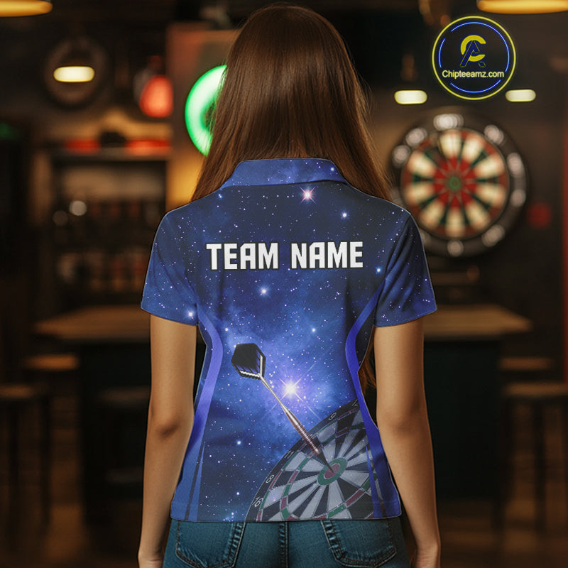 Blue galaxy space pattern Darts Polo, Quarter zip Shirts For Women Custom Team Darts Jersey Outfit NQS10876