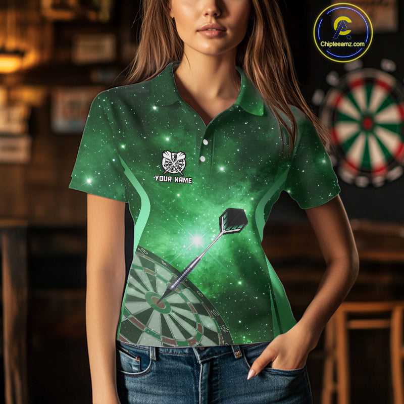 Green galaxy space pattern Darts Polo, Quarter zip Shirts For Women Custom Team Darts Jersey Outfit NQS10877
