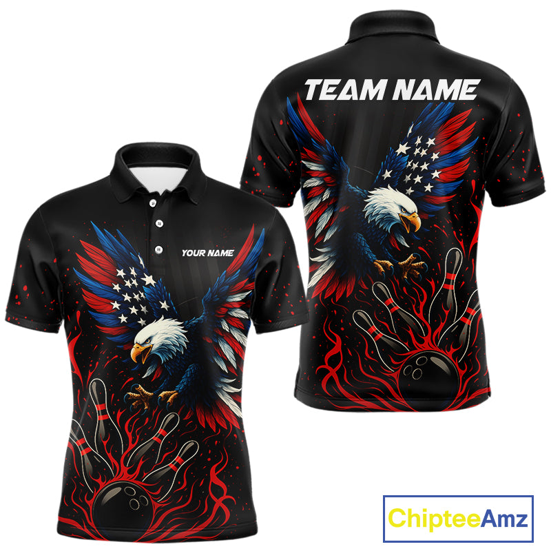 Black and Red Flame American Flag Eagle Bowling Shirts For Men Custom Patriotic Bowling Team Jersey NQS10878