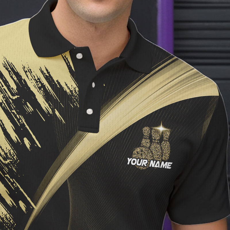 Personalized Black and Gold Bowling Polo, Quarter Zip Shirts For Mens Custom Bowling Team Jersey NQS9531