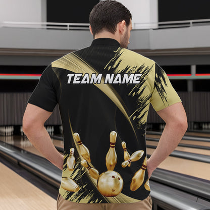 Personalized Black and Gold Bowling Polo, Quarter Zip Shirts For Mens Custom Bowling Team Jersey NQS9531