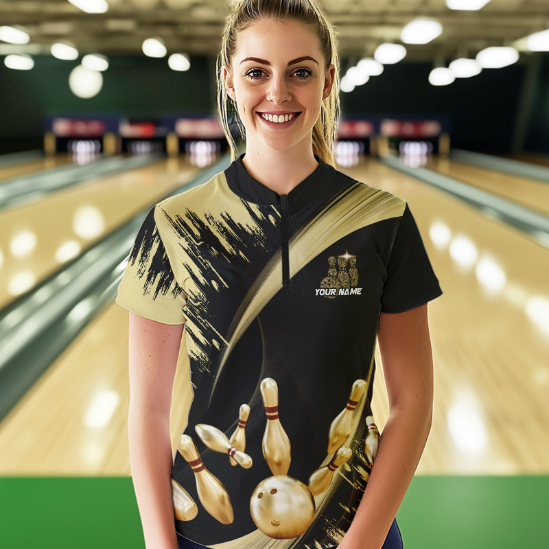 Personalized Black and Gold Bowling Polo, Quarter Zip Shirts For Women Custom Bowling Team Jersey NQS9531