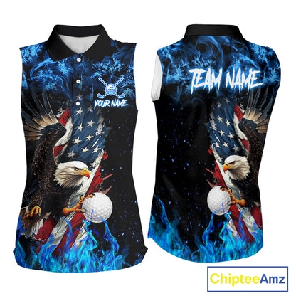 Blue Flame American Flag Eagle sleeveless golf shirts for Women Custom patriotic ladies golf outfit NQS11644