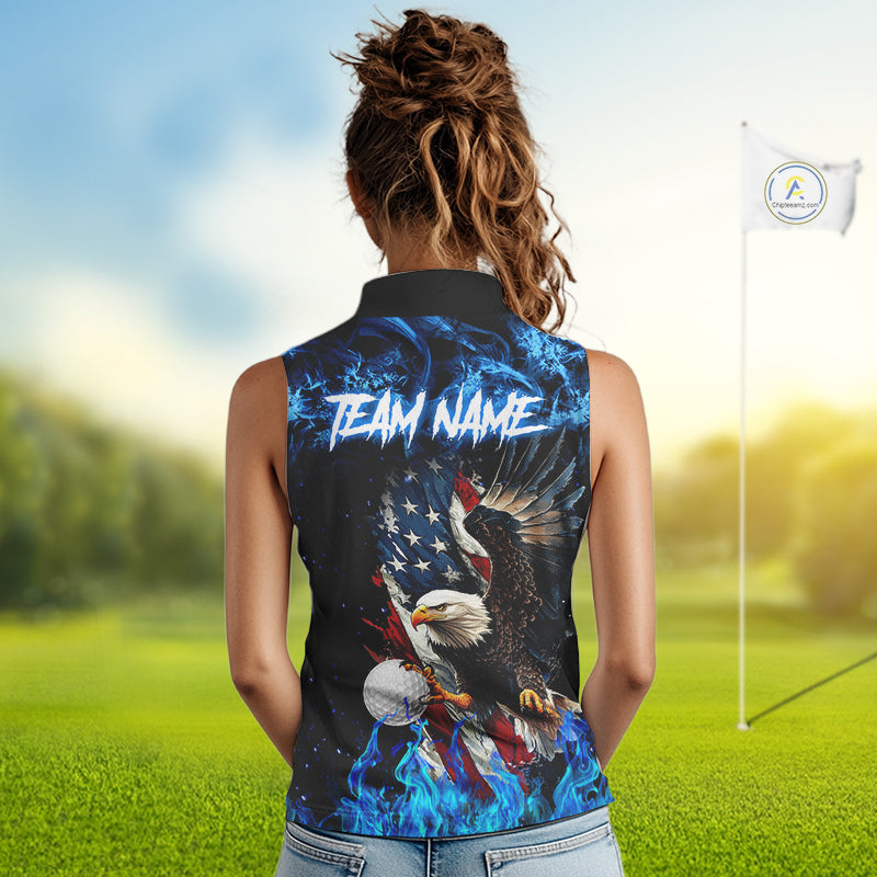 Blue Flame American Flag Eagle sleeveless golf shirts for Women Custom patriotic ladies golf outfit NQS11644
