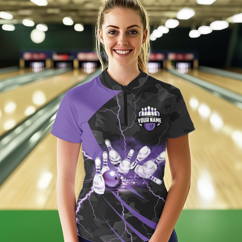 Black Camo Purple Lightning Thunder Bowling Shirts For Women Custom Bowling Team League Jerseys NQS9689