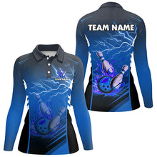 Load image into Gallery viewer, Flame bowling ball and pins lightning custom Women Bowling Polo Shirts, team bowling jerseys | Blue NQS7477