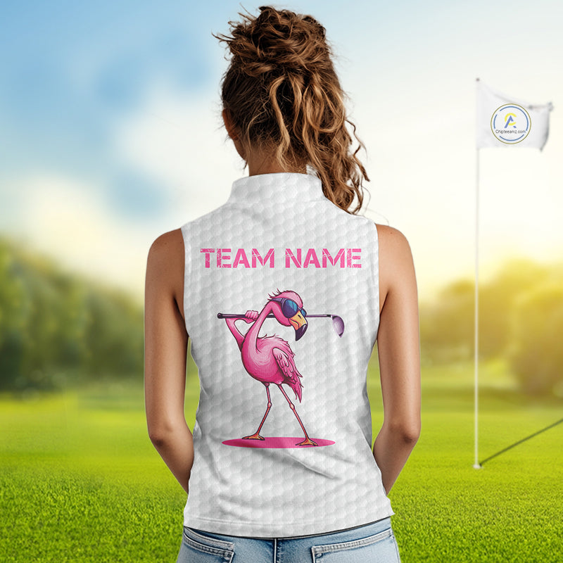 Funny Women sleeveless polo shirts custom pink and white flamingo pattern white golf shirts NQS8610