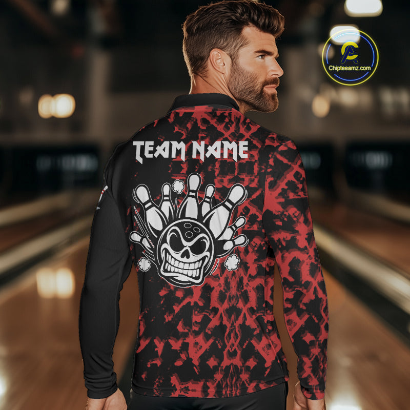 Black and Red Camo Funny Skull Bowling Polo, Quarter Zip Shirt for Men Custom Bowling Team Jersey NQS9969