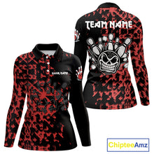 Load image into Gallery viewer, Black and Red Camo Funny Skull Bowling Polo, Quarter Zip Shirt for Women Custom Bowling Team Jersey NQS9969