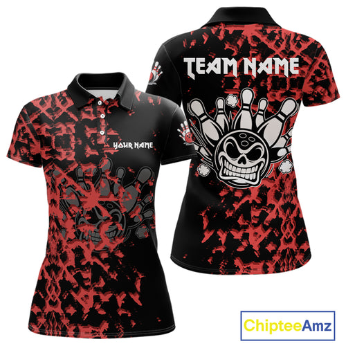 Black and Red Camo Funny Skull Bowling Polo, Quarter Zip Shirt for Women Custom Bowling Team Jersey NQS9969