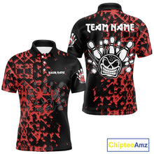 Load image into Gallery viewer, Black and Red Camo Funny Skull Bowling Polo, Quarter Zip Shirt for Men Custom Bowling Team Jersey NQS9969