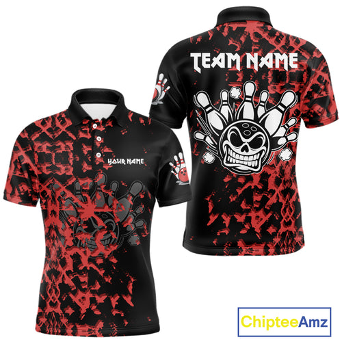 Black and Red Camo Funny Skull Bowling Polo, Quarter Zip Shirt for Men Custom Bowling Team Jersey NQS9969