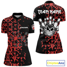 Load image into Gallery viewer, Black and Red Camo Funny Skull Bowling Polo, Quarter Zip Shirt for Women Custom Bowling Team Jersey NQS9969