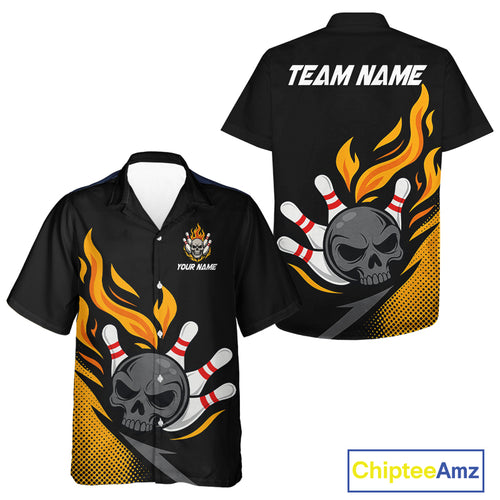 Custom Black and Yellow Flame Skull Bowling hawaiian shirt, bowling team league jerseys with Name NQS10263