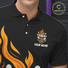 Load image into Gallery viewer, Custom Black and Yellow Flame Skull Bowling shirts for Men, bowling team league jerseys with Name NQS10263