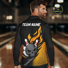 Load image into Gallery viewer, Custom Black and Yellow Flame Skull Bowling shirts for Men, bowling team league jerseys with Name NQS10263