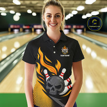 Load image into Gallery viewer, Custom Black and Yellow Flame Skull Bowling shirts for Women, bowling team league jerseys with Name NQS10263