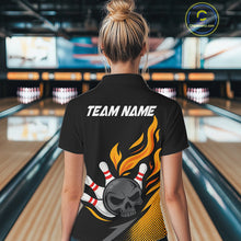 Load image into Gallery viewer, Custom Black and Yellow Flame Skull Bowling shirts for Women, bowling team league jerseys with Name NQS10263