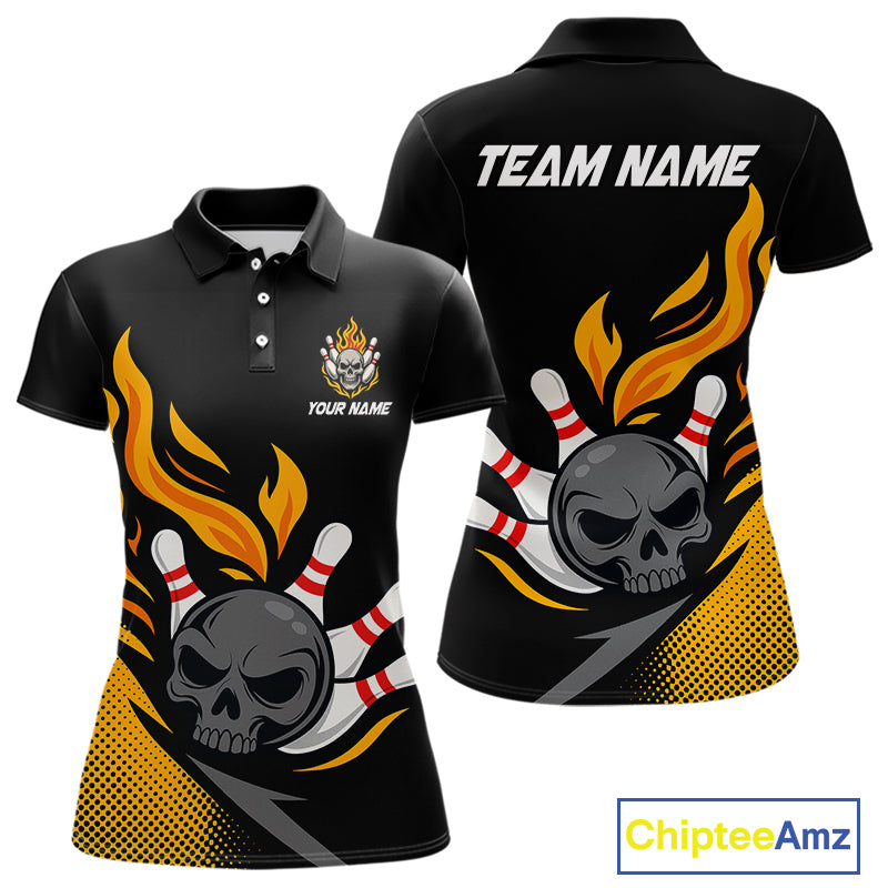 Custom Black and Yellow Flame Skull Bowling shirts for Women, bowling team league jerseys with Name NQS10263