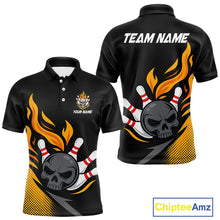 Load image into Gallery viewer, Custom Black and Yellow Flame Skull Bowling shirts for Men, bowling team league jerseys with Name NQS10263