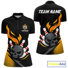 Load image into Gallery viewer, Custom Black and Yellow Flame Skull Bowling shirts for Women, bowling team league jerseys with Name NQS10263
