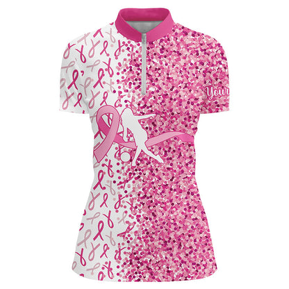Pink glitter ribbon Bowling Shirts For Women Custom Breast cancer bowling shirts gift for bowlers NQS8261
