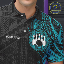 Load image into Gallery viewer, Black and Cyan Blue Tribal pattern Men Bowling Shirt Custom Bowling outfit men Team bowling jersey NQS10649