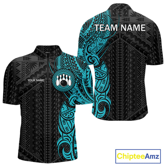 Black and Cyan Blue Tribal pattern Men Bowling Shirt Custom Bowling outfit men Team bowling jersey NQS10649