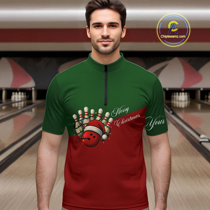 Red and Green Christmas Bowling Polo, Quarter Zip Shirts For Men custom mens bowling jerseys NQS11052