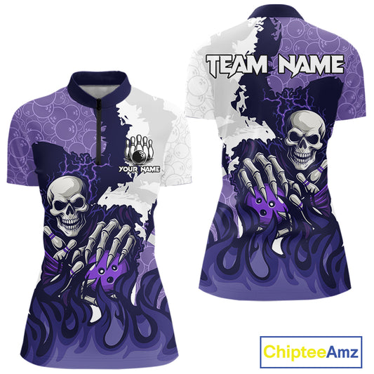 White and Purple Camo Flame Lightning Skull Bowling Shirts For Women Custom Bowling Team Jerseys NQS11055