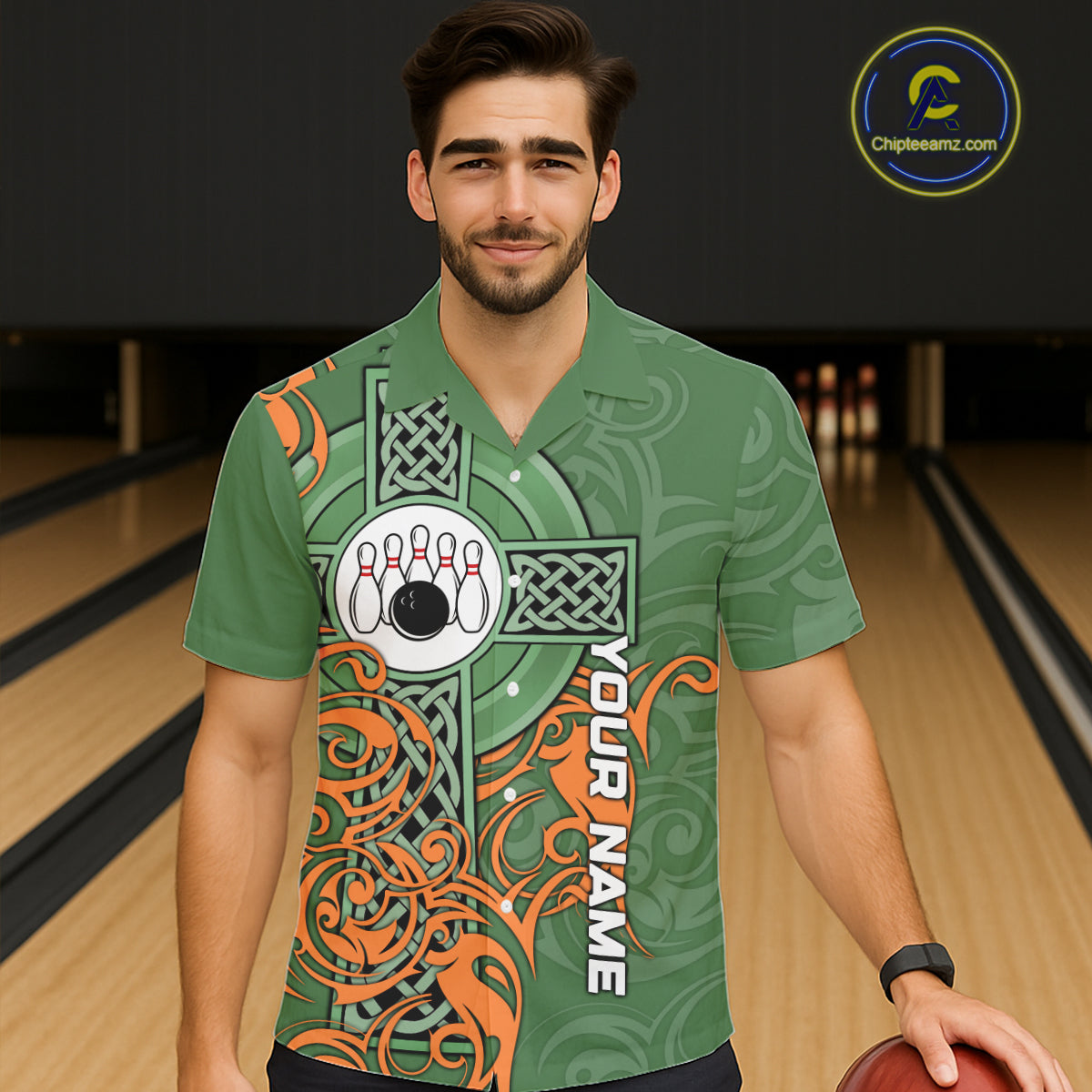 Green & orange Irish Tribal Cross St Patrick's Day Bowling Hawaiian shirt Custom Lucky Bowling Jersey NQS11255