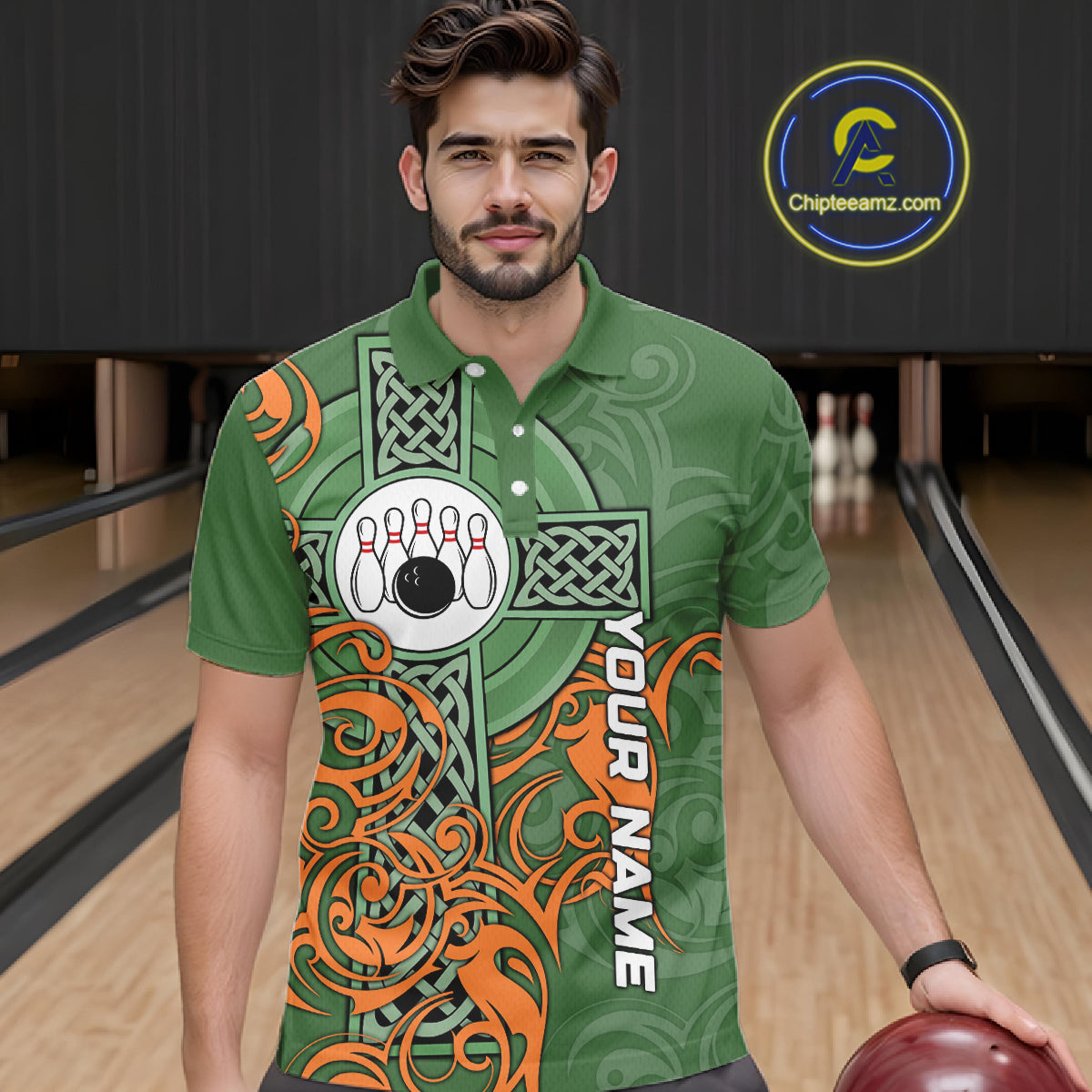 Green and orange Irish Tribal Cross St Patrick's Day Mens bowling shirts Custom Lucky Bowling Jerseys NQS11255