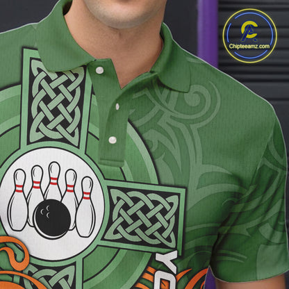 Green and orange Irish Tribal Cross St Patrick's Day Mens bowling shirts Custom Lucky Bowling Jerseys NQS11255