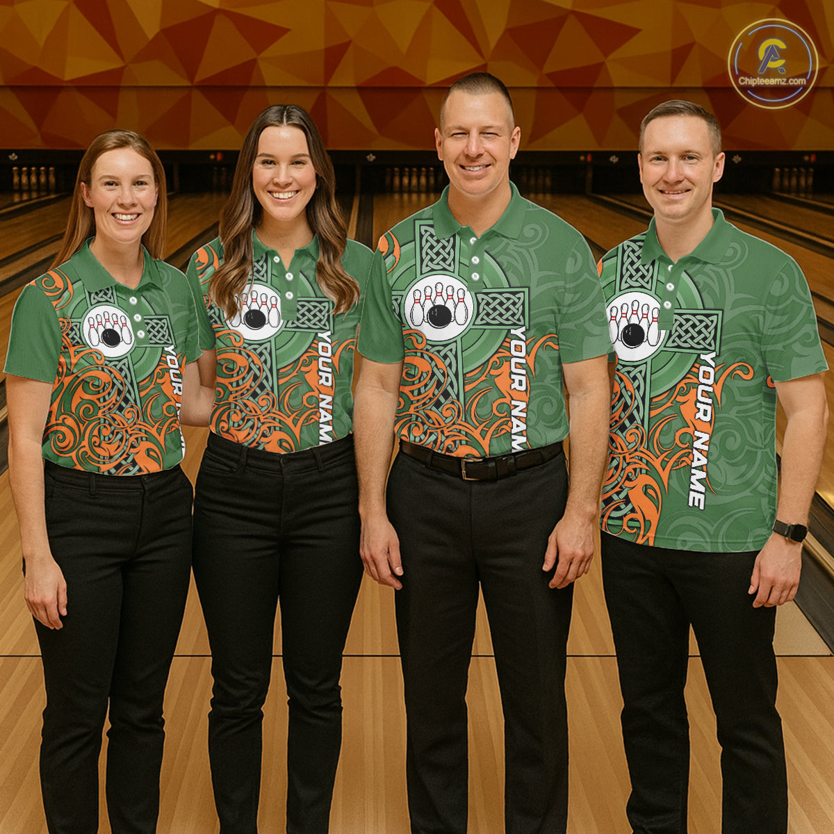 Green and orange Irish Tribal Cross St Patrick's Day Women bowling shirts Custom Lucky Bowling Jersey NQS11255