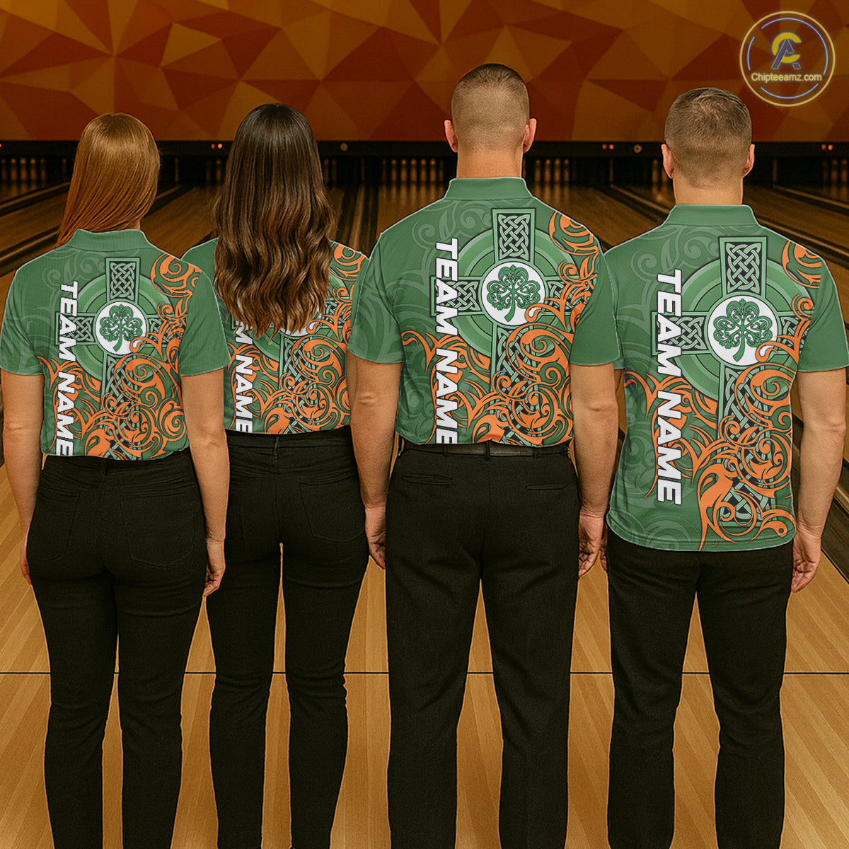 Green and orange Irish Tribal Cross St Patrick's Day Women bowling shirts Custom Lucky Bowling Jersey NQS11255