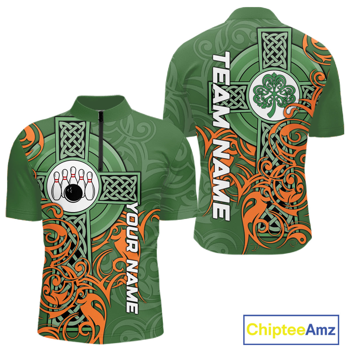 Green and orange Irish Tribal Cross St Patrick's Day Mens bowling shirts Custom Lucky Bowling Jerseys NQS11255