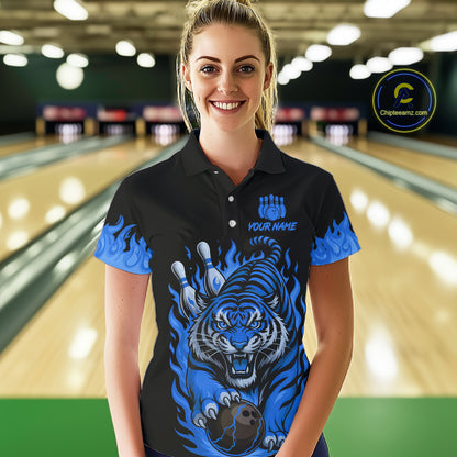 Black and Blue Flame Tiger Bowling Polo, 1/4 Zip Shirts for Women Custom Team Tiger Bowling Jersey NQS11256