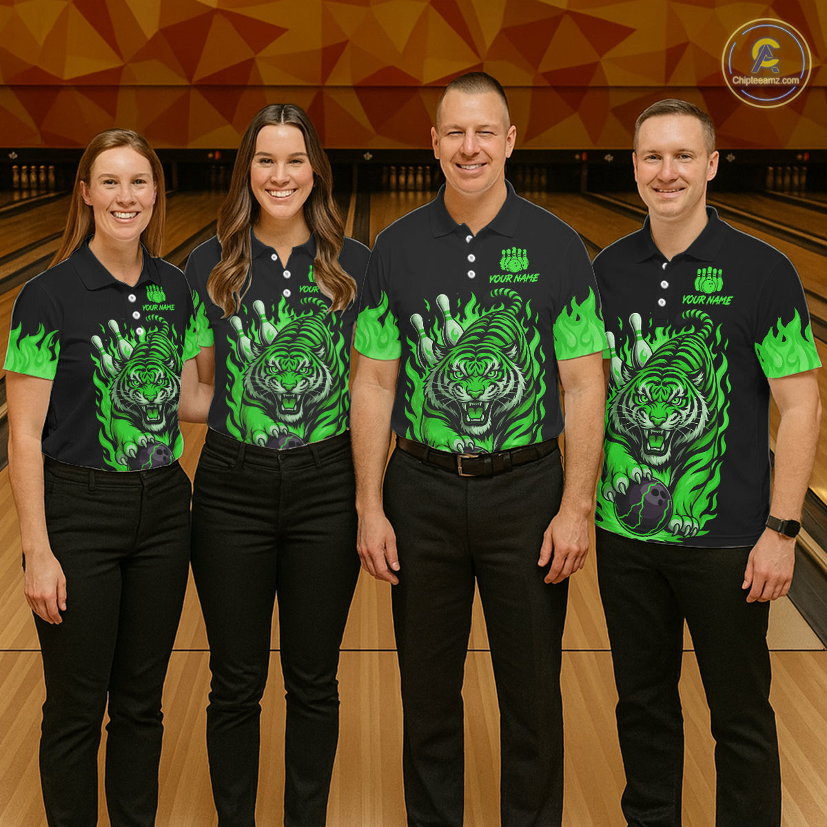 Black and Green Flame Tiger Bowling Polo, 1/4 Zip Shirts for Women Custom Team Tiger Bowling Jersey NQS11257