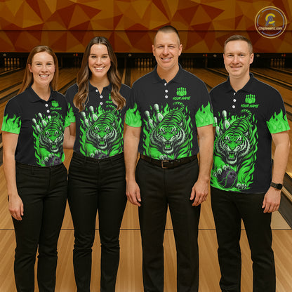 Black and Green Flame Tiger Bowling Polo, 1/4 Zip Shirts for Women Custom Team Tiger Bowling Jersey NQS11257