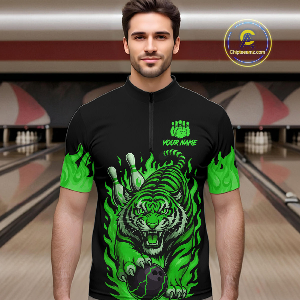 Black and Green Flame Tiger Bowling Polo, 1/4 Zip Shirts for Men Custom Team Tiger Bowling Jersey NQS11257