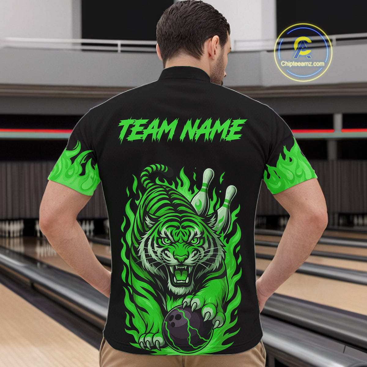Black and Green Flame Tiger Bowling Polo, 1/4 Zip Shirts for Men Custom Team Tiger Bowling Jersey NQS11257