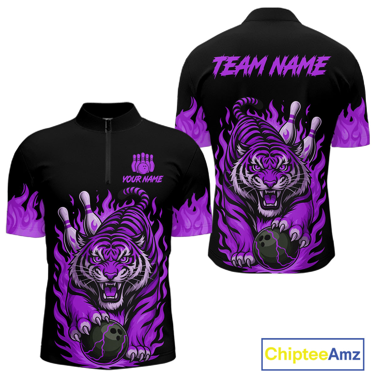 Black and Purple Flame Tiger Bowling Polo, 1/4 Zip Shirts for Men Custom Team Tiger Bowling Jersey NQS11258