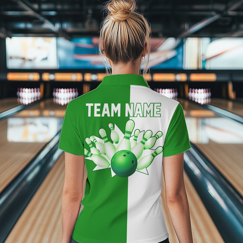 Green and white retro vintage Bowling polo, quarter zip shirts for Women custom Bowling team jerseys NQS9533
